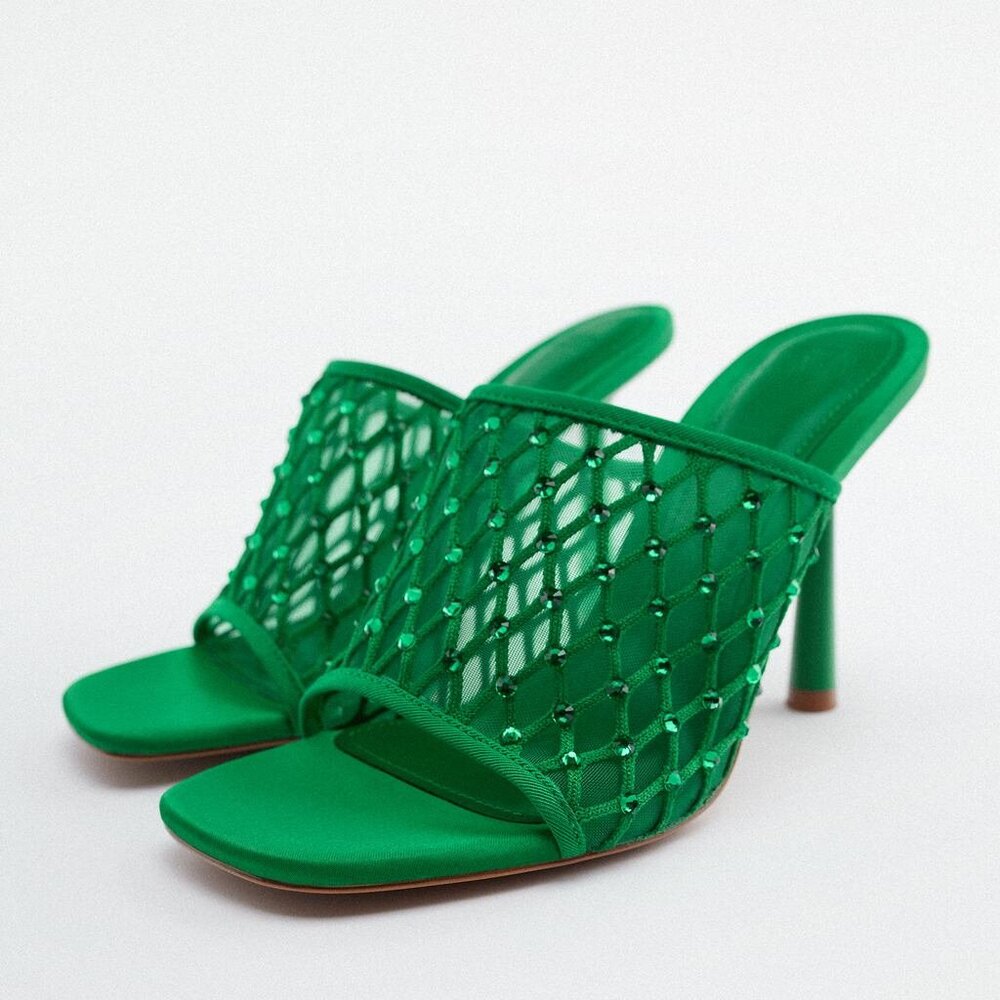 Zara Mesh Heeled Mules With Rhinestones